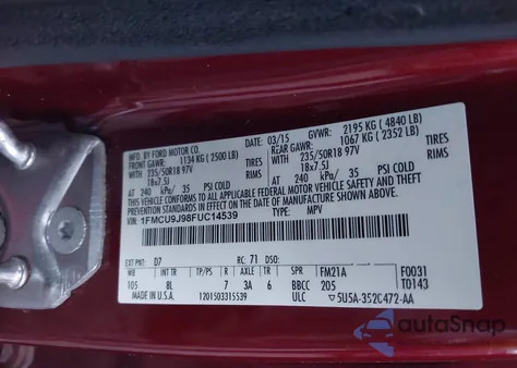 2015 Ford Escape Titanium из США, поврежденный, VIN 1FMCU9J98FUC14539